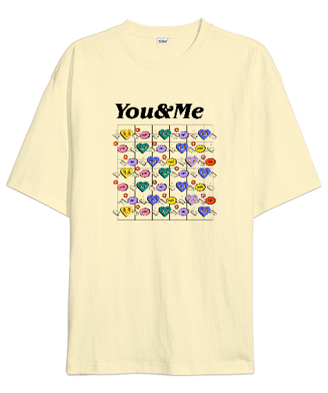 You And Me - Sen ve Ben - Kalpler Krem Oversize Unisex Tişört - Tisho