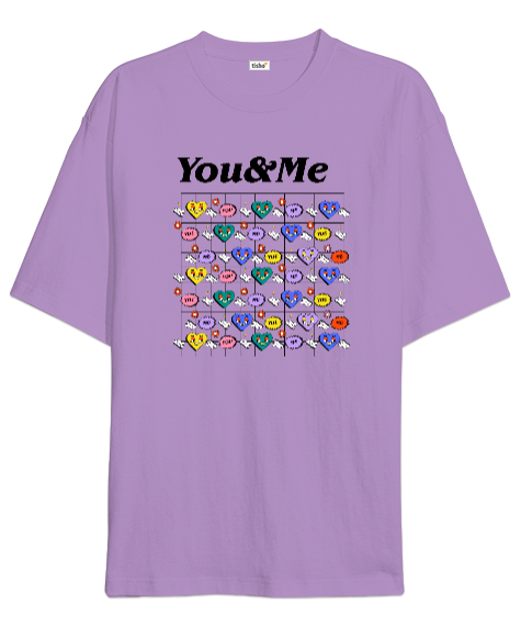 You And Me - Sen ve Ben - Kalpler Lila Oversize Unisex Tişört - Tisho