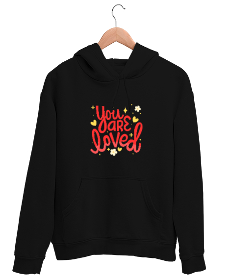 Tisho - You Are Loved - Seviliyorsun Yazılı Siyah Unisex Kapşonlu Sweatshirt