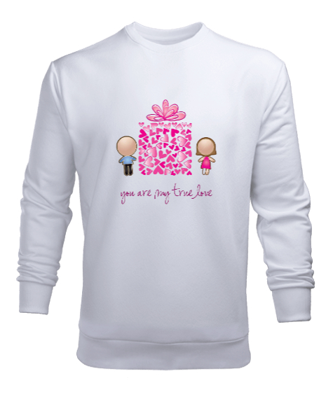 Tisho - You Are My True Love Yazılı Emoji Kalp Baskılı Beyaz Erkek Sweatshirt