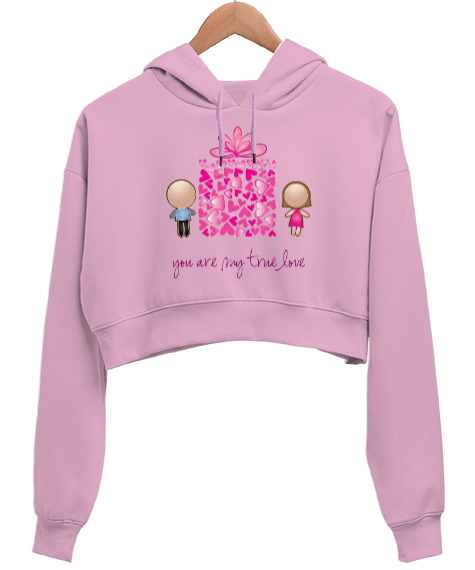 Tisho - You Are My True Love Yazılı Emoji Kalp Baskılı Pembe Kadın Crop Hoodie Kapüşonlu Sweatshirt