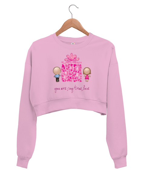 Tisho - You Are My True Love Yazılı Emoji Kalp Baskılı Pembe Kadın Crop Sweatshirt