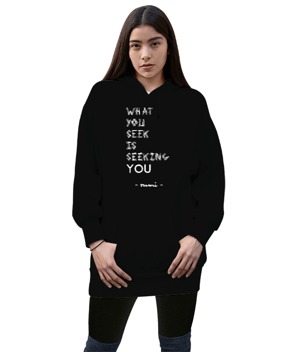 Tisho - YOU Rumi Siyah TiNCiR Kadın Uzun Hoodie Kapüşonlu Sweatshirt