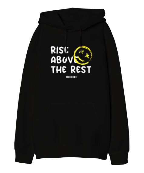 Tisho - Yukarı Çık - Rise Above - Yüz İfadesi Siyah Oversize Unisex Kapüşonlu Sweatshirt