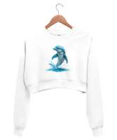 Yunus Balığı - Dolphin Beyaz Kadın Crop Sweatshirt - Tisho
