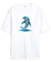 Yunus Balığı - Dolphin Beyaz Oversize Unisex Tişört - Tisho
