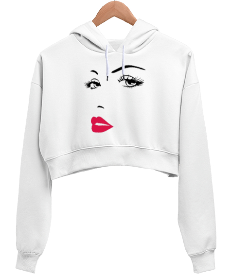 Tisho - Yüz tasarım Beyaz Kadın Crop Hoodie Kapüşonlu Sweatshirt