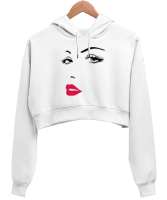 Yüz tasarım Beyaz Kadın Crop Hoodie Kapüşonlu Sweatshirt - Tisho