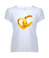 yüzük desenli Beyaz Kadın V Yaka Tişört - Tisho