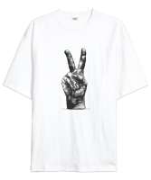 Zafer İşareti V2 Beyaz Oversize Unisex Tişört - Tisho