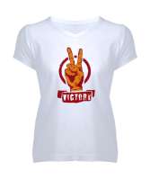 Zafer İşareti V3 Beyaz Kadın V Yaka Tişört - Tisho