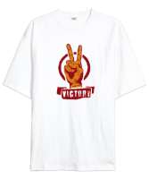 Zafer İşareti V3 Beyaz Oversize Unisex Tişört - Tisho