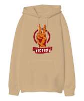 Zafer İşareti V3 Camel Oversize Unisex Kapüşonlu Sweatshirt - Tisho