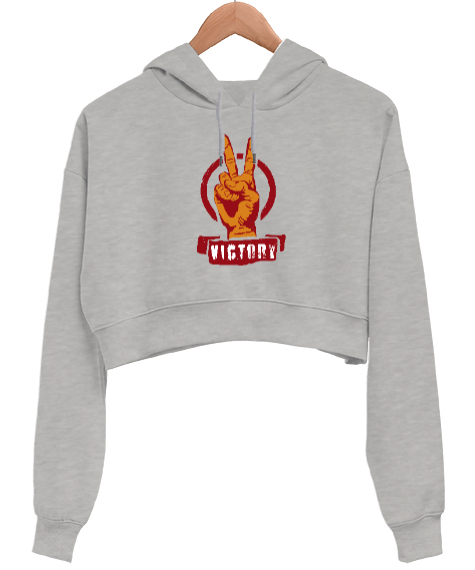 Tisho - Zafer İşareti V3 Gri Kadın Crop Hoodie Kapüşonlu Sweatshirt