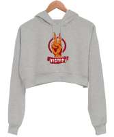 Zafer İşareti V3 Gri Kadın Crop Hoodie Kapüşonlu Sweatshirt - Tisho