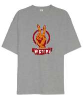 Zafer İşareti V3 Gri Oversize Unisex Tişört - Tisho