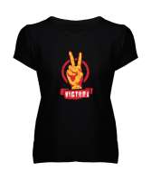 Zafer İşareti V3 Siyah Kadın V Yaka Tişört - Tisho