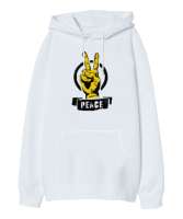 Zafer İşareti ve Barış Beyaz Oversize Unisex Kapüşonlu Sweatshirt - Tisho