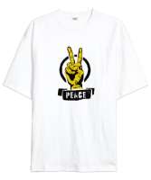 Zafer İşareti ve Barış Beyaz Oversize Unisex Tişört - Tisho