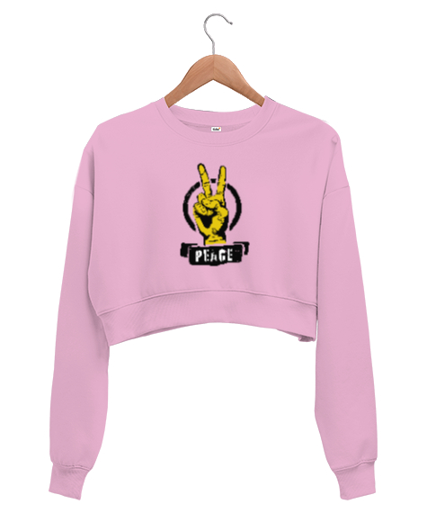 Tisho - Zafer İşareti ve Barış Pembe Kadın Crop Sweatshirt