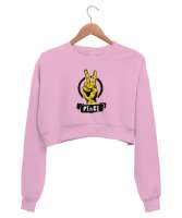 Zafer İşareti ve Barış Pembe Kadın Crop Sweatshirt - Tisho