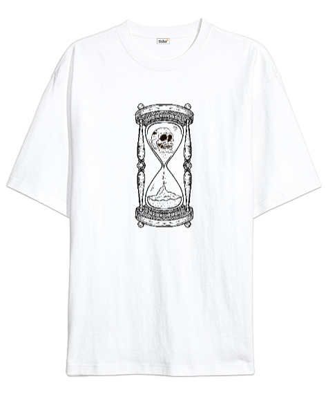 Tisho - Zaman Akıp Gidiyor - Kum Saati ve Kafatası Beyaz Oversize Unisex Tişört