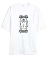 Zaman Akıp Gidiyor - Kum Saati ve Kafatası Beyaz Oversize Unisex Tişört - Tisho