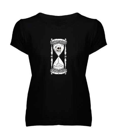 Tisho - Zaman Akıp Gidiyor - Kum Saati ve Kafatası Siyah Kadın V Yaka Tişört