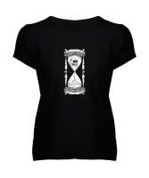 Zaman Akıp Gidiyor - Kum Saati ve Kafatası Siyah Kadın V Yaka Tişört - Tisho