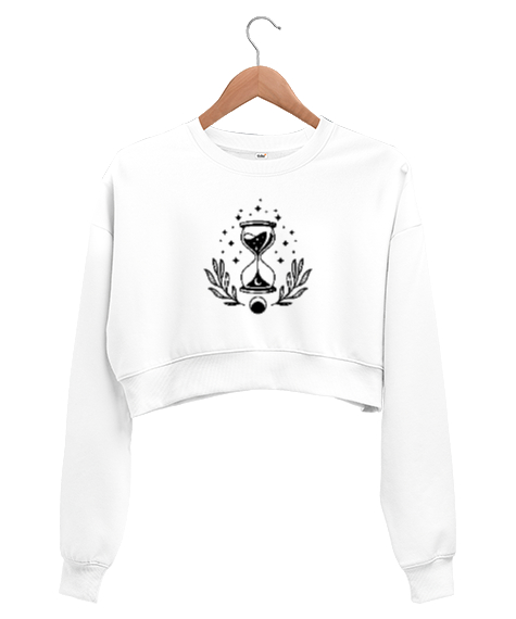 Tisho - Zaman - Mistik Kum Saati Beyaz Kadın Crop Sweatshirt