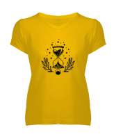 Zaman - Mistik Kum Saati Sarı Kadın V Yaka Tişört - Tisho