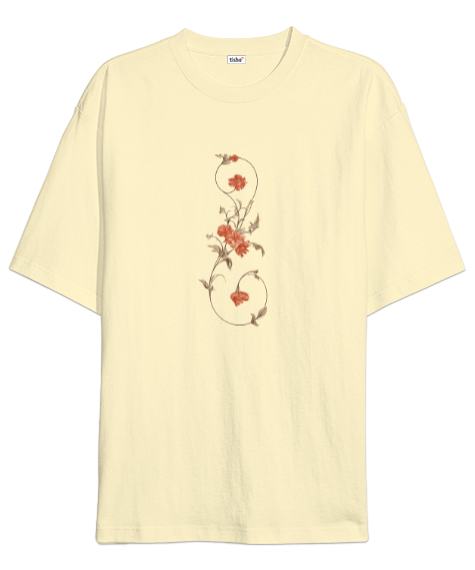 Tisho - Zarif çizgilerle renkli çiçek Krem Oversize Unisex Tişört