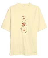 Zarif çizgilerle renkli çiçek Krem Oversize Unisex Tişört - Tisho