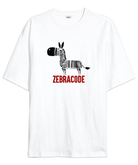 Tisho - Zebracode - Zebra Barkod Beyaz Oversize Unisex Tişört