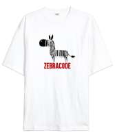 Zebracode - Zebra Barkod Beyaz Oversize Unisex Tişört - Tisho