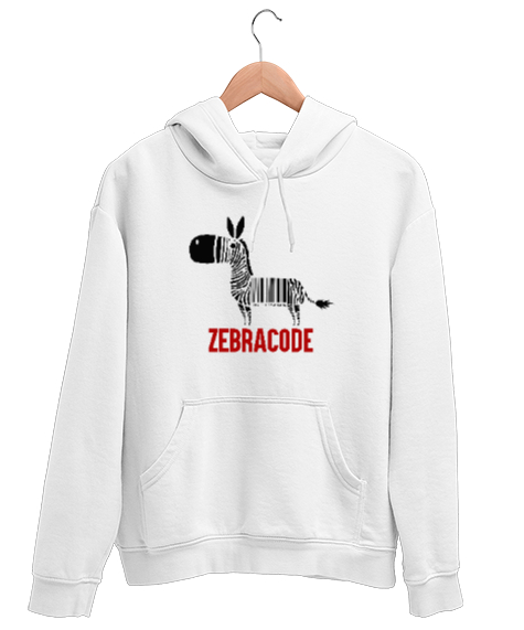 Tisho - Zebracode - Zebra Barkod Beyaz Unisex Kapşonlu Sweatshirt
