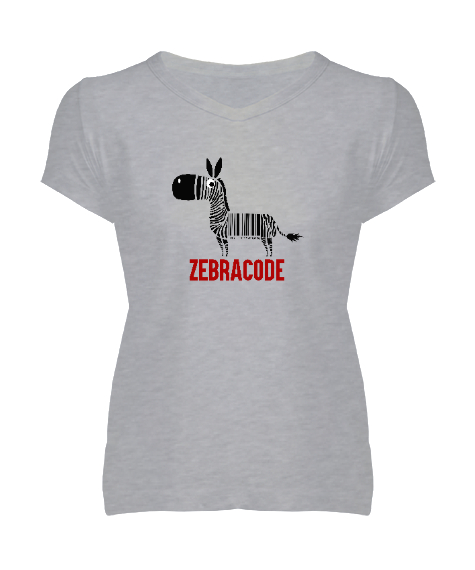 Tisho - Zebracode - Zebra Barkod Gri Kadın V Yaka Tişört