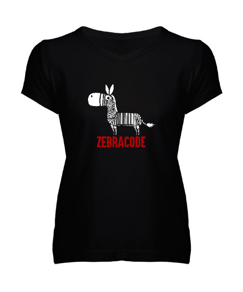 Tisho - Zebracode - Zebra Barkod Siyah Kadın V Yaka Tişört