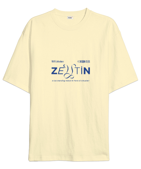 Zeytin Kedi Tasarım Krem Oversize Unisex Tişört - Tisho