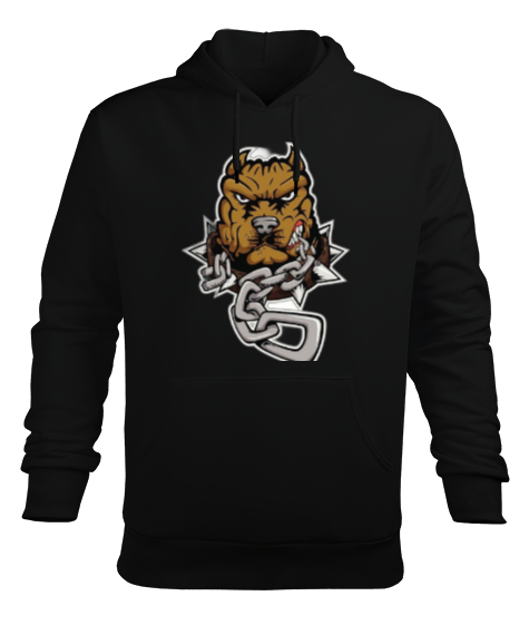 Tisho - Zincire vurulmuş pitbull baskılı Siyah Erkek Kapüşonlu Hoodie Sweatshirt