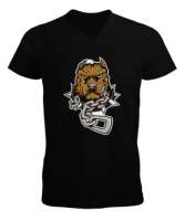 Zincire vurulmuş pitbull baskılı Siyah Erkek Kısa Kol V Yaka Tişört - Tisho