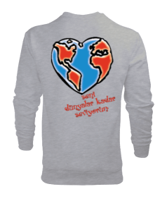 Zincirli kalp ve kalp şeklinde dünya baskılı erkek Erkek Sweatshirt - Thumbnail
