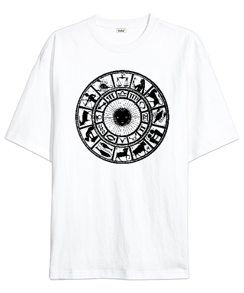 Tisho - Zodiac - Horoscope - İlkel Çizim- Astroloji Beyaz Oversize Unisex Tişört