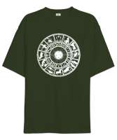 Zodiac - Horoscope - İlkel Çizim- Astroloji Haki Yeşili Oversize Unisex Tişört - Tisho