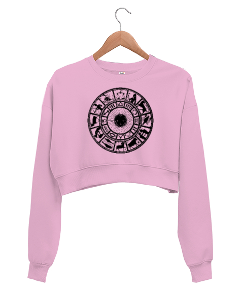 Tisho - Zodiac - Horoscope - İlkel Çizim- Astroloji Pembe Kadın Crop Sweatshirt