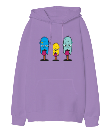 Tisho - Zombi Dondurmalar - Zombie Ice Cream Lila Oversize Unisex Kapüşonlu Sweatshirt