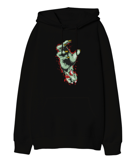 Tisho - Zombie Hand - Zombi Eli Siyah Oversize Unisex Kapüşonlu Sweatshirt