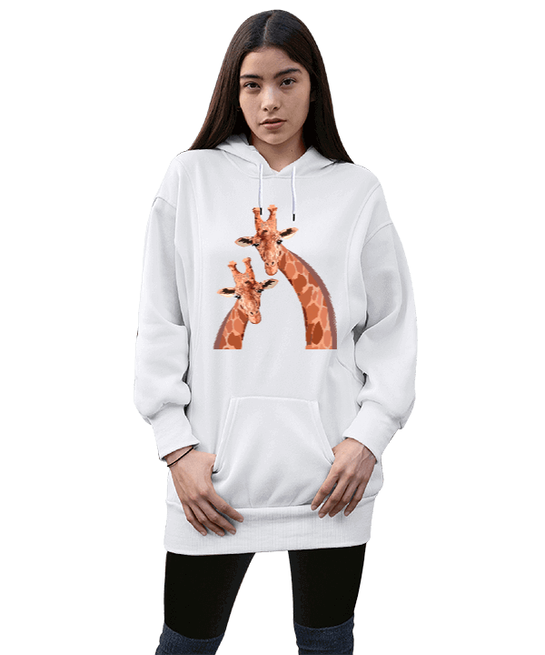 Tisho - Zürafa desenli Kadın Uzun Hoodie Kapüşonlu Sweatshirt