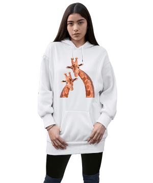 Zürafa desenli Kadın Uzun Hoodie Kapüşonlu Sweatshirt - Tisho